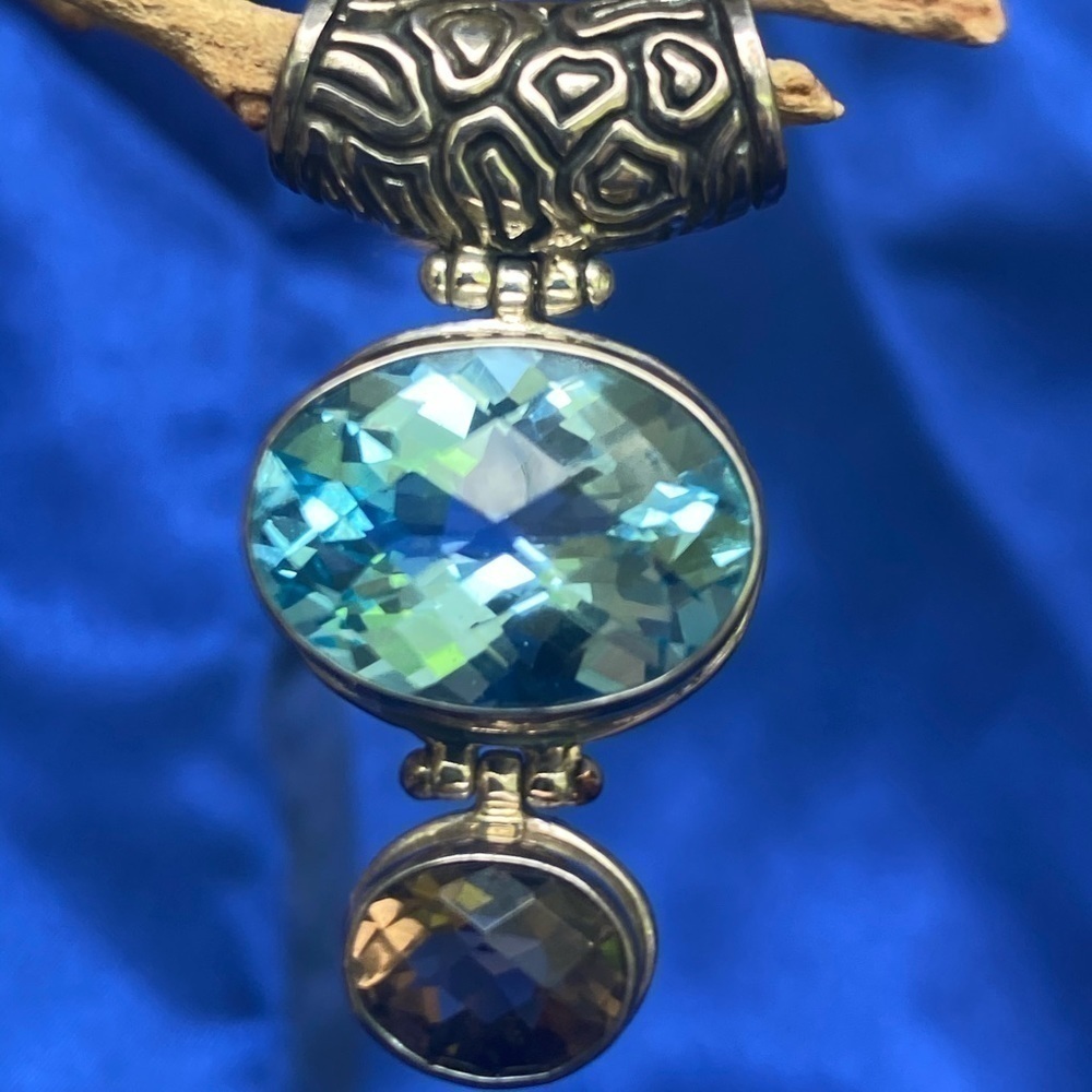 NEW Women’s blue topaz and smoky quartz 925 Silver oval Faceted pendant  40 mm